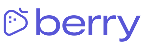 The image features the word “berry” in lowercase, purple text. To the left of the text is an abstract, purple outline of a berry with two dots and a curved line, resembling a stylized fruit logo.