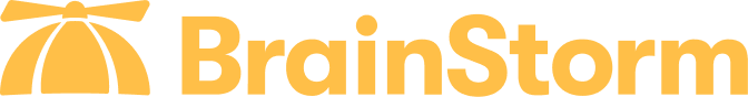 The image shows the word "BrainStorm" in bold yellow letters next to a yellow icon of a propeller beanie hat on a light gray background.