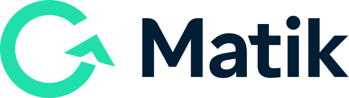 Matik logo featuring a stylized turquoise letter "M" inside a circular shape, followed by the word "Matik" in bold, dark blue text on a light background.