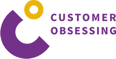 Purple abstract “C” shape with a yellow ring above it, next to the words “CUSTOMER OBSESSING” in purple capital letters on a light background.