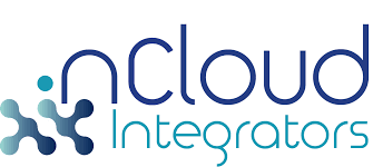 Logo for nCloud Integrators. The left side features blue interconnected dots forming a network shape, followed by the text "nCloud Integrators" in blue and teal modern font.