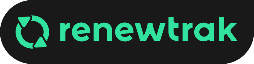 The Renewtrak logo features a green recycling symbol forming a circular shape next to the word 