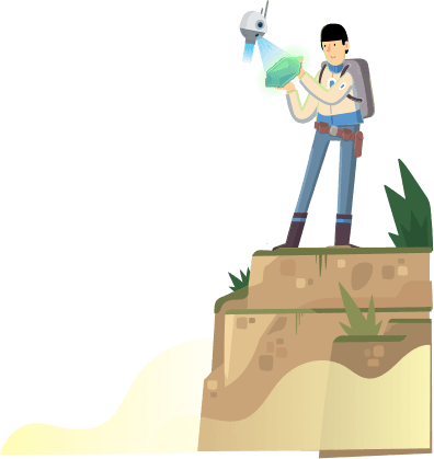 A person wearing a backpack stands on a cliff at Gainsight Pulse, holding a green crystal while a small flying robot scans it with a blue light. Lush plants grow along the edge, adding life to the futuristic scene.