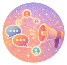 Illustration of a megaphone projecting speech bubbles and a connected network of colorful user icons, set against a dreamy, starry pastel background—perfect for capturing the collaborative energy of Gainsight Pulse.