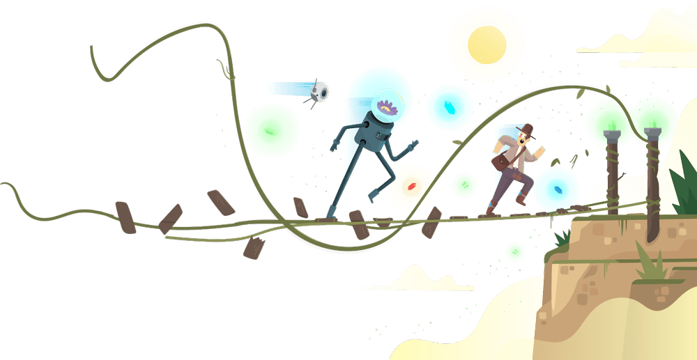 A person in an explorer outfit runs across a rope bridge chased by a blue robot with a glowing head. Colorful orbs and a flying drone are in the background, with a cliff and sunlight visible.