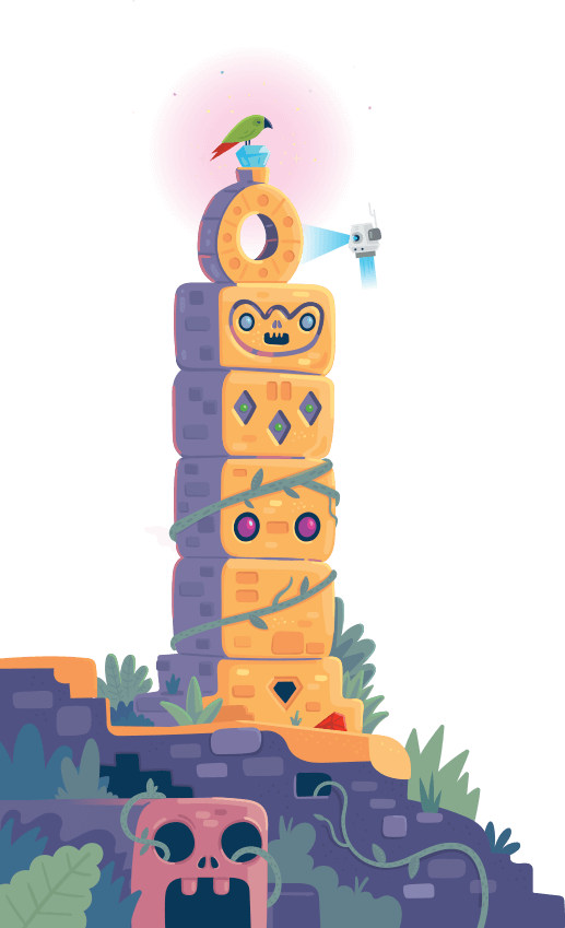 A colorful cartoon totem pole with decorative faces and shapes stands on a stone platform, topped by a parrot and a glowing skull—capturing the vibrant spirit of Gainsight Pulse. The totem is wrapped in vines, surrounded by grass and plants.