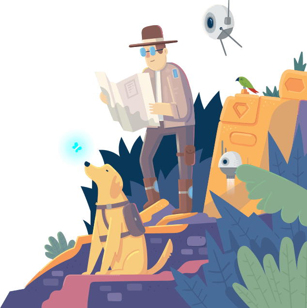 A person wearing a hat and sunglasses studies a map on rocky terrain at Gainsight Pulse. A backpacked dog glows blue from its mouth while two floating robots and a small bird mingle among plants and ancient ruins.