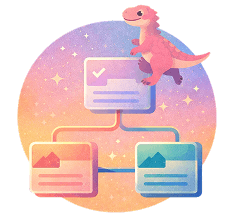 A cute pink dinosaur stands atop a flowchart with three connected boxes, set against a colorful, pastel background with stars—bringing a touch of Gainsight Pulse energy. The top box has a checkmark, and the lower boxes display image icons.