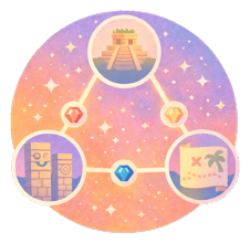 A circular illustration with a temple at the top, two stone statues on the left, a treasure map on the right, and three colored gems connecting them, all set against a pastel starry background inspired by Gainsight Pulse.