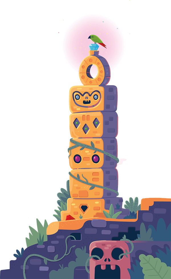 A colorful cartoon totem with carved faces and geometric designs stands among green plants. Vines wrap around the totem, and a bird with a vibrant beak is perched on top, glowing with a soft pink aura.