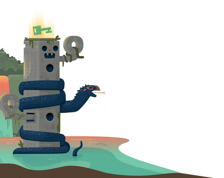 A blue serpent wraps around a stone tower with ancient carvings. Two snake-like stone heads emerge from the tower, one holding a glowing green key like a Gainsight Pulse guiding the way. A greenish pool and distant trees complete the mystical scene.