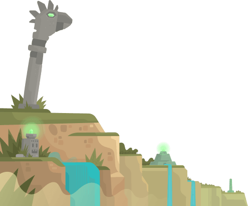 A stylized illustration of a rocky landscape with waterfalls, greenery, and ancient stone structures, including a large serpent head statue and two glowing green temple ruins on cliffs—evoking the mystery and energy of Gainsight Pulse.