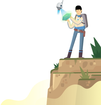 An explorer stands on a cliff holding a green crystal as a drone, inspired by Gainsight Pulse technology, scans it with a blue light. Green plants and rocky terrain surround the scene.