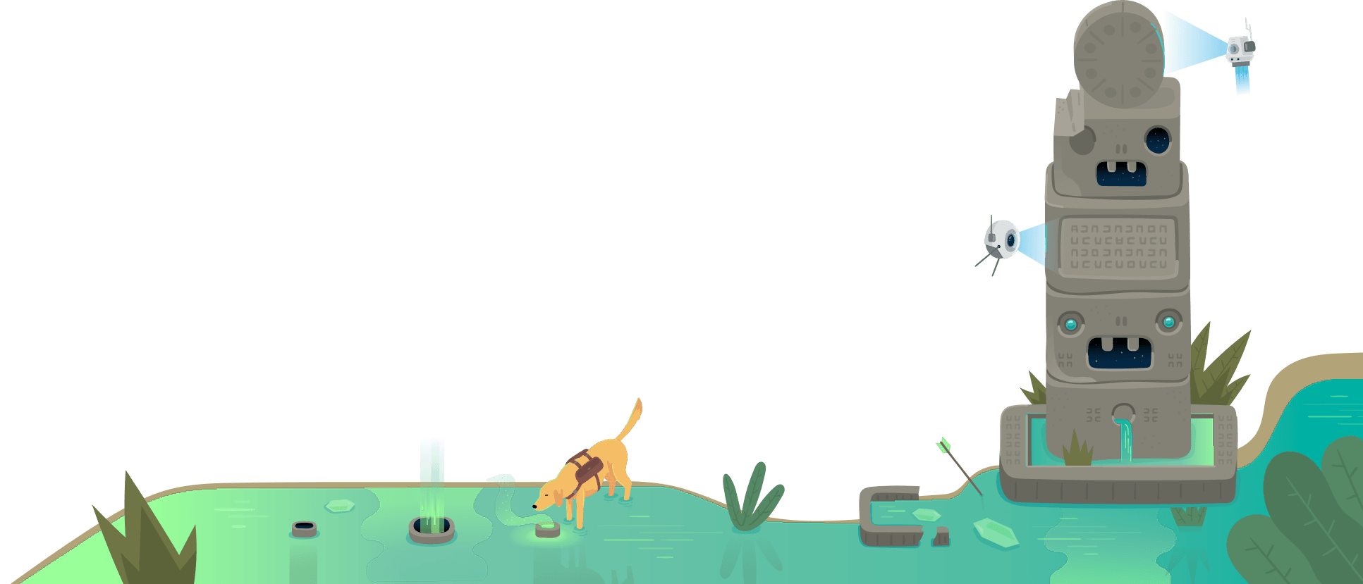 A dog wearing a harness sniffs near a pond with lily pads, while two drones from Gainsight Pulse hover nearby. A stone totem with robot-like faces stands beside the water, surrounded by plants.