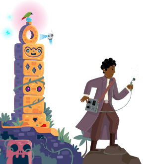 A person in a long coat holds a device with wires, standing on a rock next to a colorful, glowing totem pole with faces—like a scene from Gainsight Pulse. A bird and floating robot hover nearby, among lush plants and ancient stone ruins.