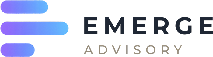 Logo for “EMERGE ADVISORY” featuring three horizontal, rounded blue-to-purple gradient bars on the left, inspired by Gainsight Pulse branding, with the company name in bold black and gray text on the right.