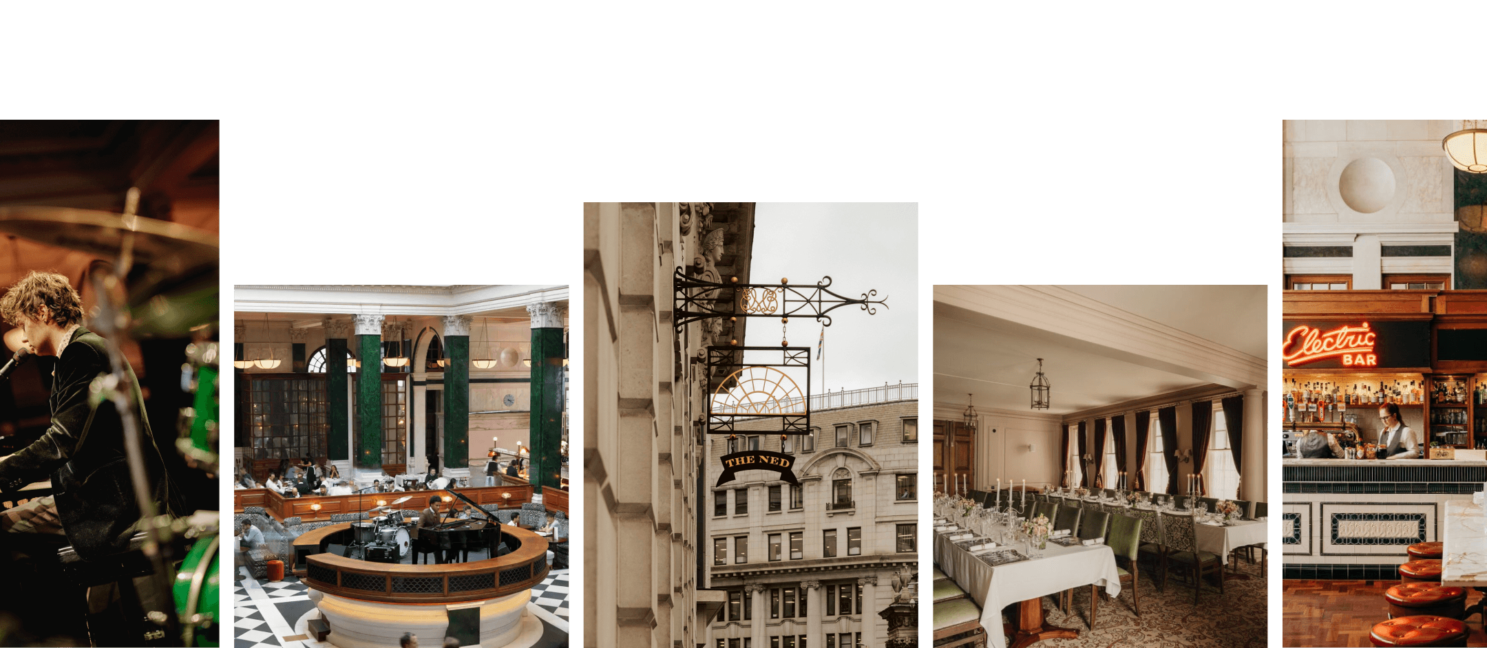 A collage of five images: a pianist, a grand hall with a round bar, a hotel exterior, an elegant dining room, and a retro bar with an "Electric Bar" neon sign.