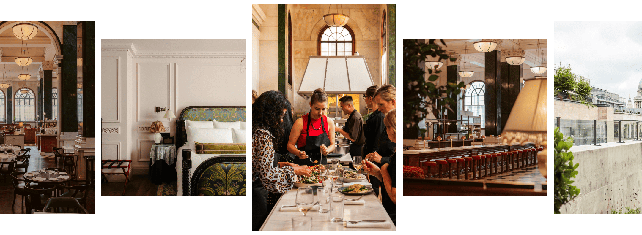 A collage shows a stylish restaurant, a cozy hotel room, chefs preparing food, a bar with stools, and an outdoor terrace with city views.