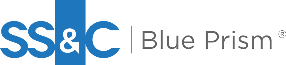 SS&C Blue Prism logo featuring bold blue “SS&C” letters and gray “Blue Prism” text with a registered trademark symbol on a light background.